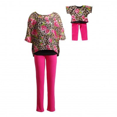 "Leopard and Flowers" Stretch-Pant Set with Matching Outfit for 18 inch Play Doll 