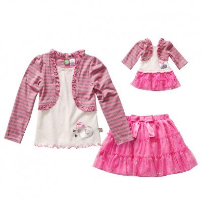 "Pink and Grey" Stripe Shrug Skirt Set with Matching Outfit for 18 inch Play Doll