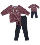 "All Smiles" Bottom-Tied Long Sleeve Top and Denim-Look Leggings with Doll Outfit
