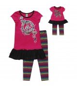 "Love and Peace" Drop Waist Dress and Leggings Set with Doll Outfit