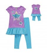 "I'm a Star!" Short Sleeve Drop Waist Dress and Leggings Set with Doll Outfit