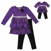 Long Sleeve Tiered Dress with Leggings and Matching Outfit for 18 inch Play Doll