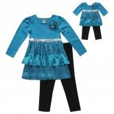 Long Sleeve Tiered Dress with Leggings and Matching Outfit for 18 inch Play Doll