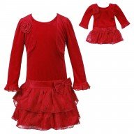 Red Velour and Lace Dropwaist Dress with Mock Shrug and Matching Outfit for 18 inch Play Doll