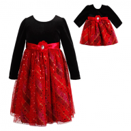 "Holiday Sparkling Plaid" Occasion Dress with Matching Outfit for 18 inch Play Doll