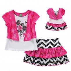"Chevron & Flowers" Mock Shrug Skirt Set with Matching Outfit for 18 inch Play Doll