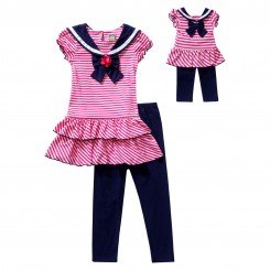 "Pink Striped Sailor" Drop Waist Dress Legging Set with Matching Outfit for 18 inch Play Doll