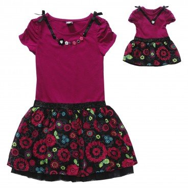 Short Sleeve Dress with Mock Necklace and Doll Outfit
