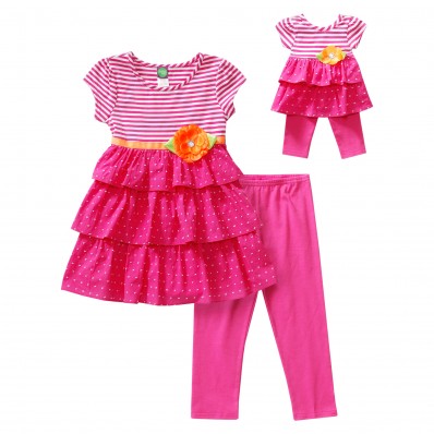 "Pink Pop" Tiered Legging Set with Matching Outfit for 18 inch Play Doll 