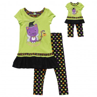 "Halloween Kitten" Short Sleeve Drop Waist Tunic and Leggings with Doll Outfit
