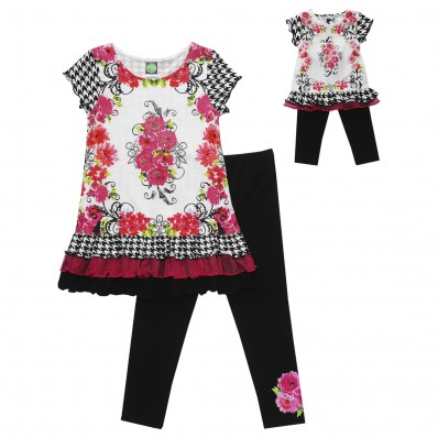 Pink Floral Medallions Two-Piece Drop-Waist Layered Dress with Leggings