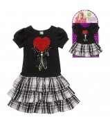Black Shirt with Heart Graphic Applique and Plaid Skirt
