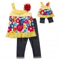 Floral Baby Doll Dress with Denim Leggings