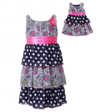 Polka Dot and Flowers Sleeveless Tiered Chiffon Dress