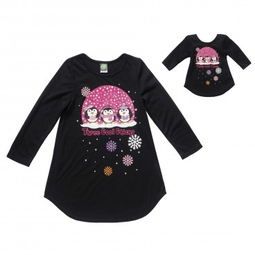 “Three Cool Penguins” Long Sleeve Christmas Nightgown with Matching Outfit for 18 inch Play Doll